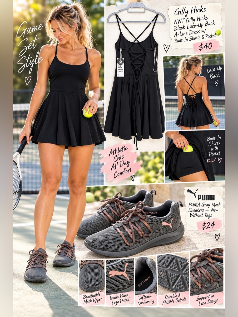 🎾👟SET - 2 Items, ✨ Gilly Hicks Black Tennis Dress + PUMA Gray Mesh Sneakers Set